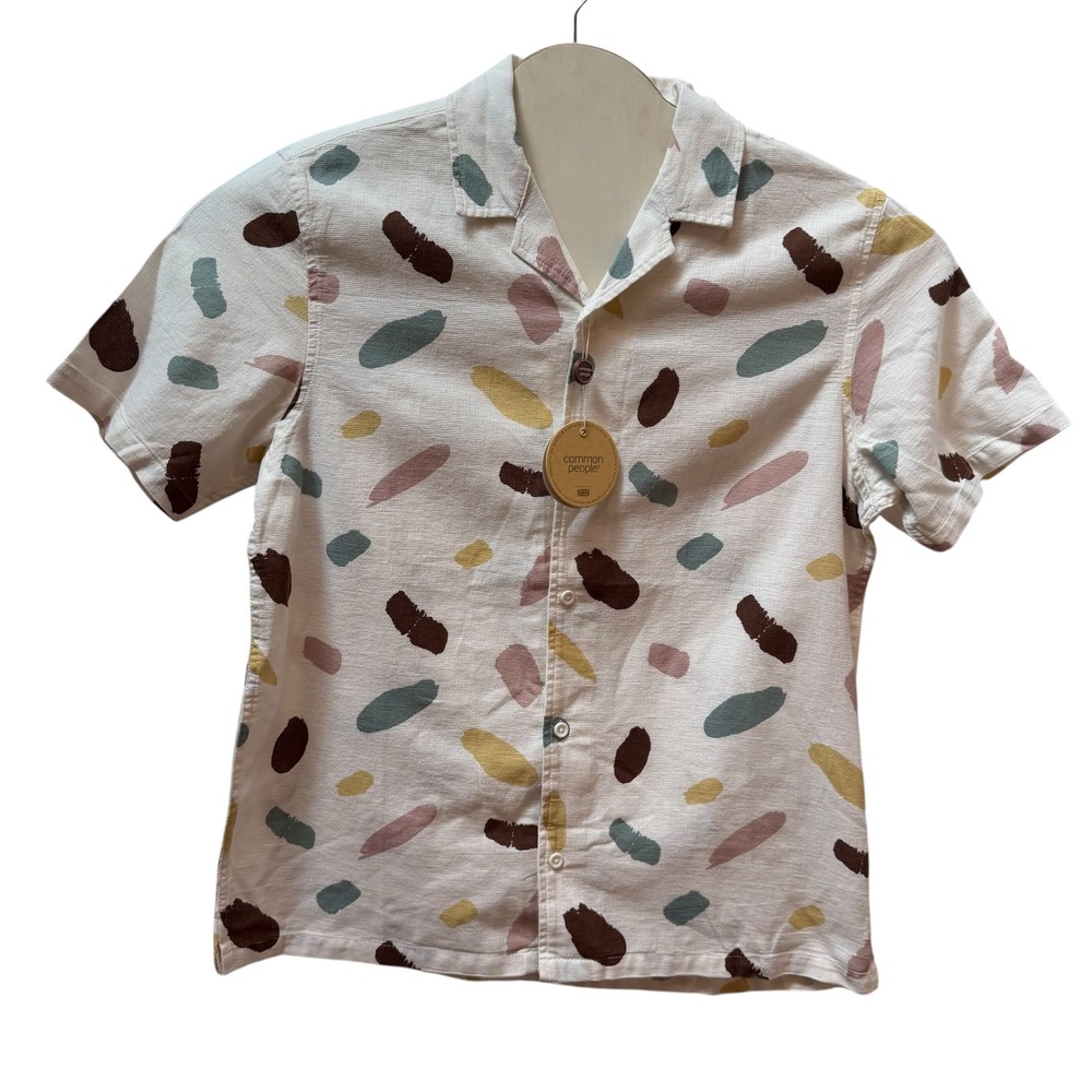 NWT Common People  Abstract Brushstroke Short Sleeve Camp Collar Cotton Shirt L